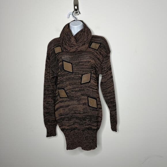 VINTAGE Ann W Sweater Womens Small Brown Black Cowl Neck Leather Trim Tunic 90s - Picture 1 of 12